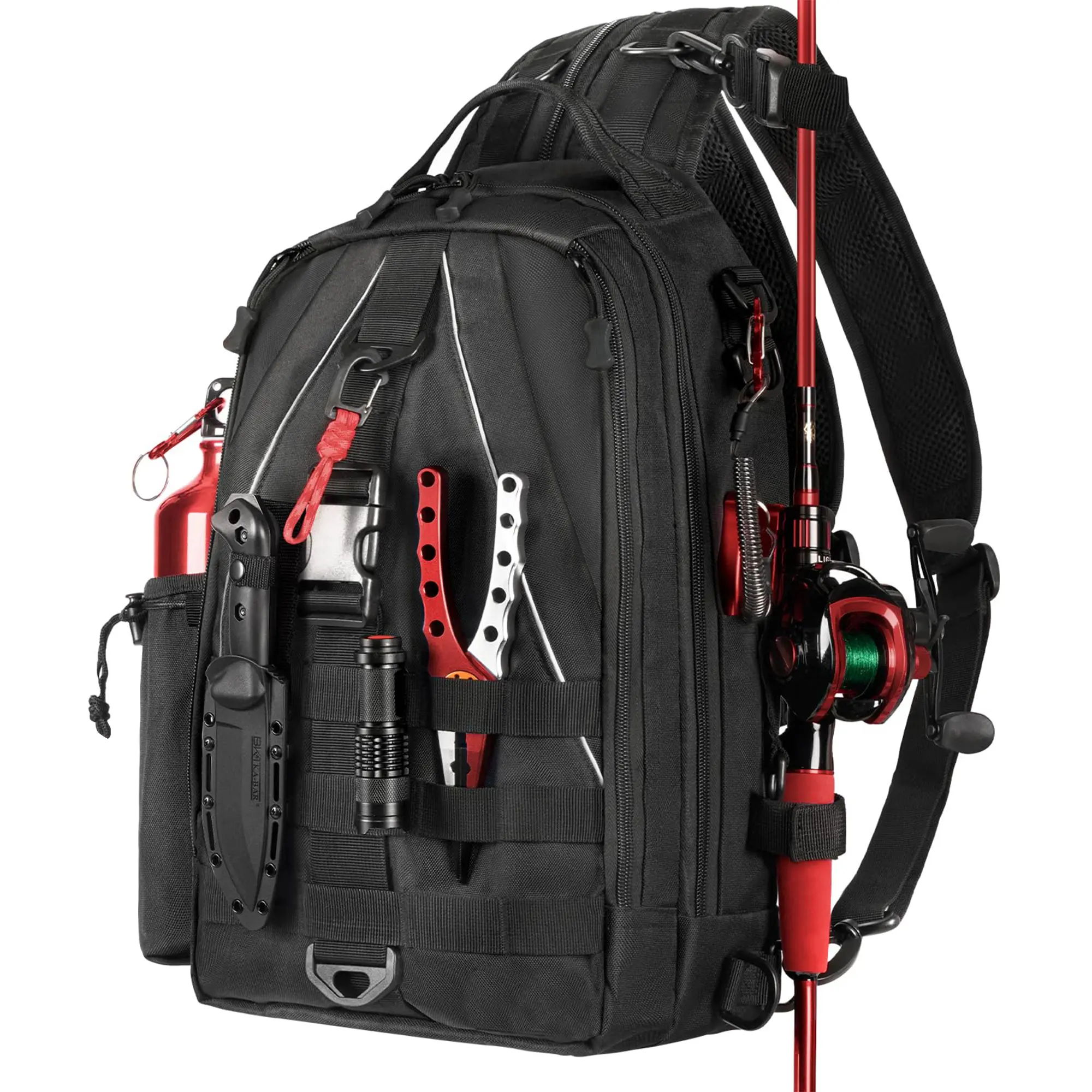 Unisex Nylon Fabric Fishing Tackle Sling Bag - Backpack with Molle Straps, Rod Holder, Double Zipper, Fishing Plier Compatibility, Fly Fishing Gift (Accessories Not Included), Fishing Tools