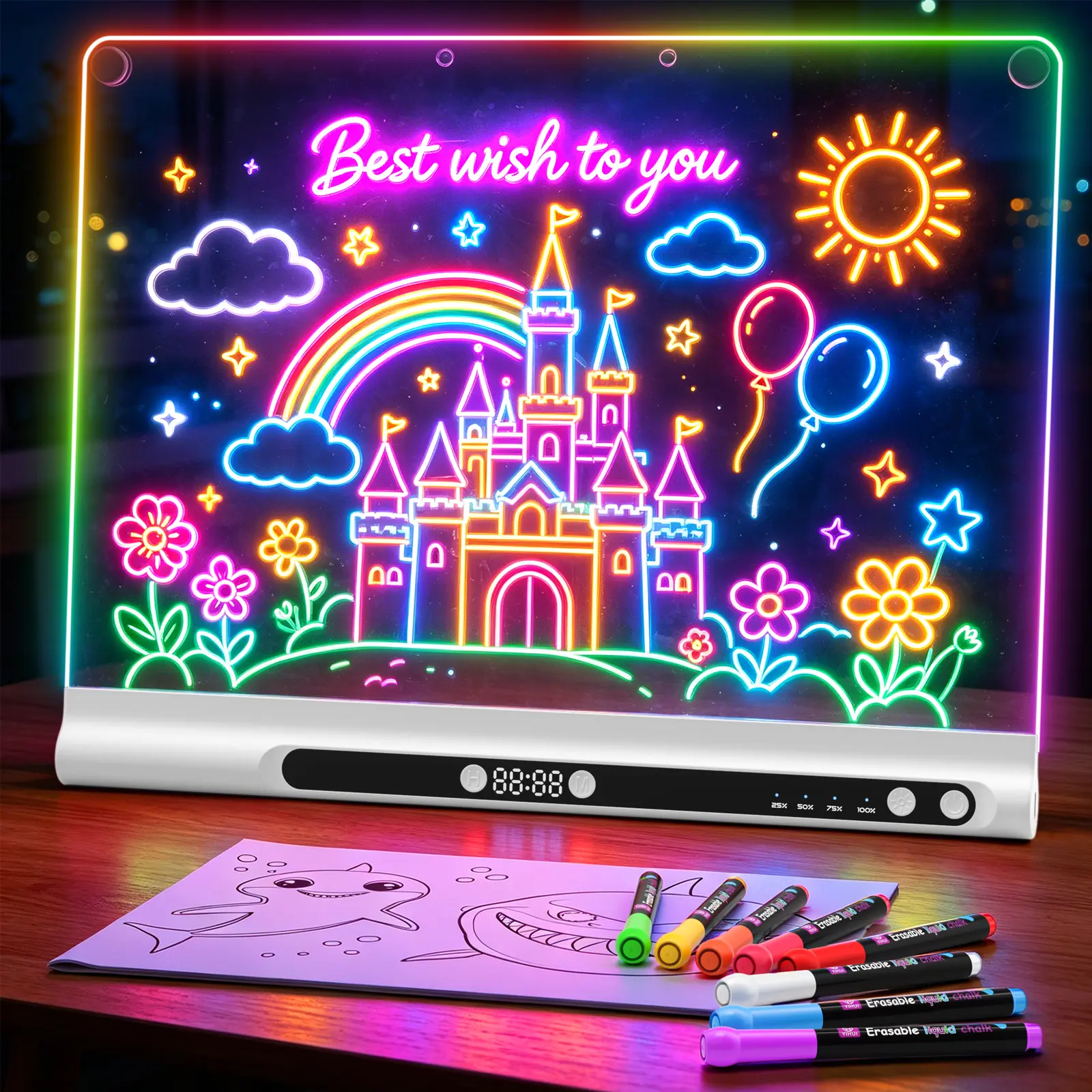 【GEOKAY】16-in LED Drawing Board, Acrylic Dry-Erasable Illuminated Board with Built-In Stand, Markers, Wipes, Spray Bottle, Tracing Paper, Rechargeable Battery, 9 Light Modes, Ideal for Kids' Learning, Halloween Decor (Encourages Creativity), Decoration