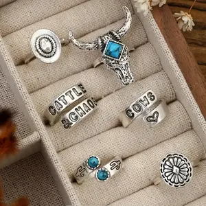 6pcs Western Style Stacking Rings Trendy Bull Head