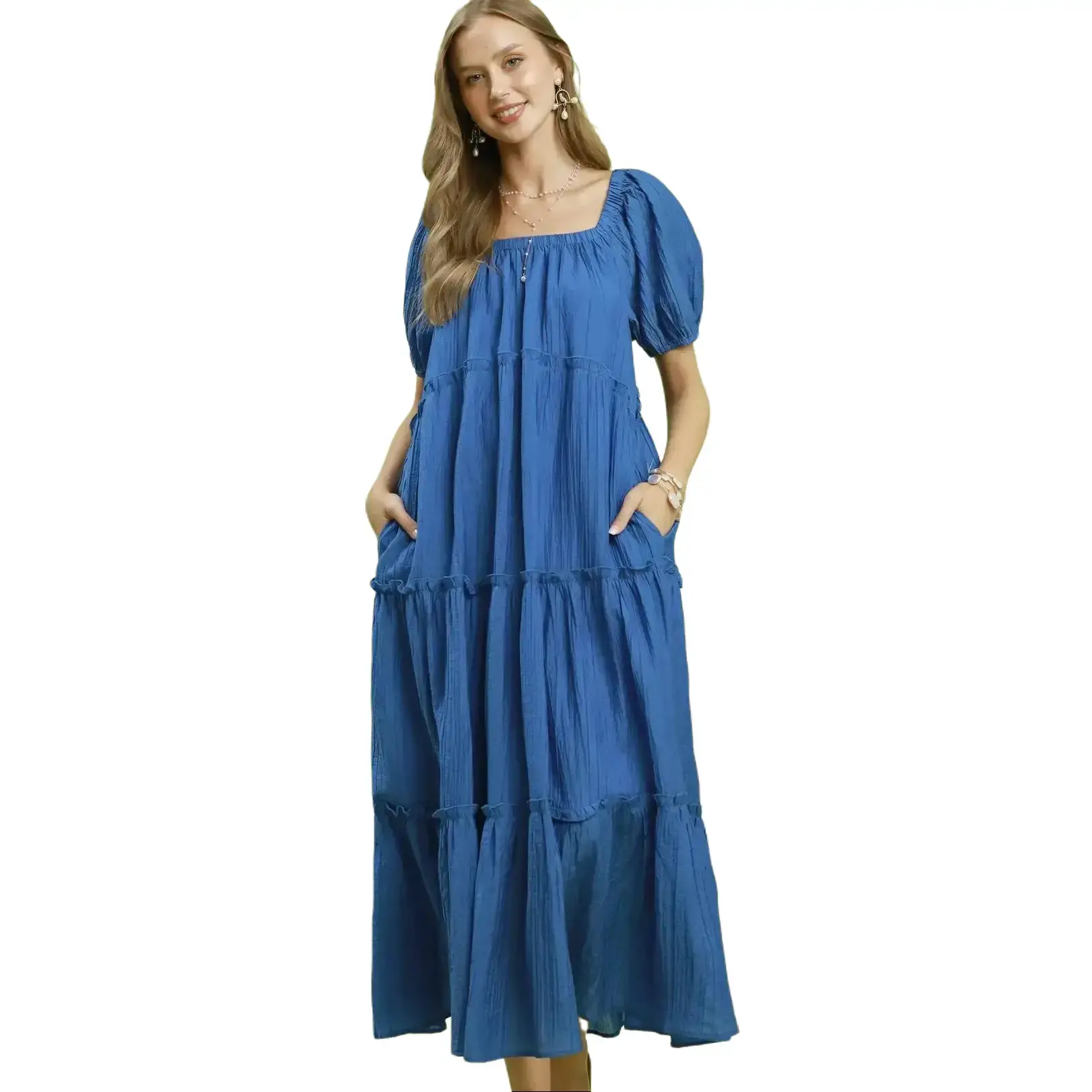 Women's Umgee Textured, Tiered Midi Dress - Feminine, Chic, Comfortable Women's Casual Dress with Pockets, Elegant