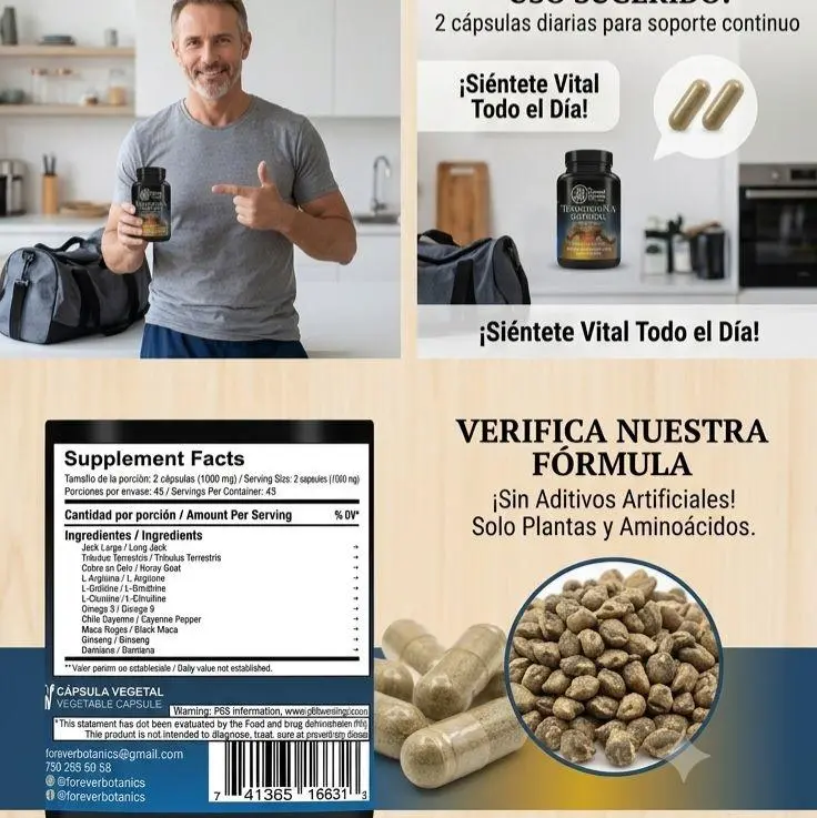 Forever Natural Botanics Testosteron-A Herbal Supplement - 100% Natural Ingredients (Maca, Tribulus Terrestris, L-Arginine, Ginseng, Omega-3) - 90 Capsules  Dietary Supplement