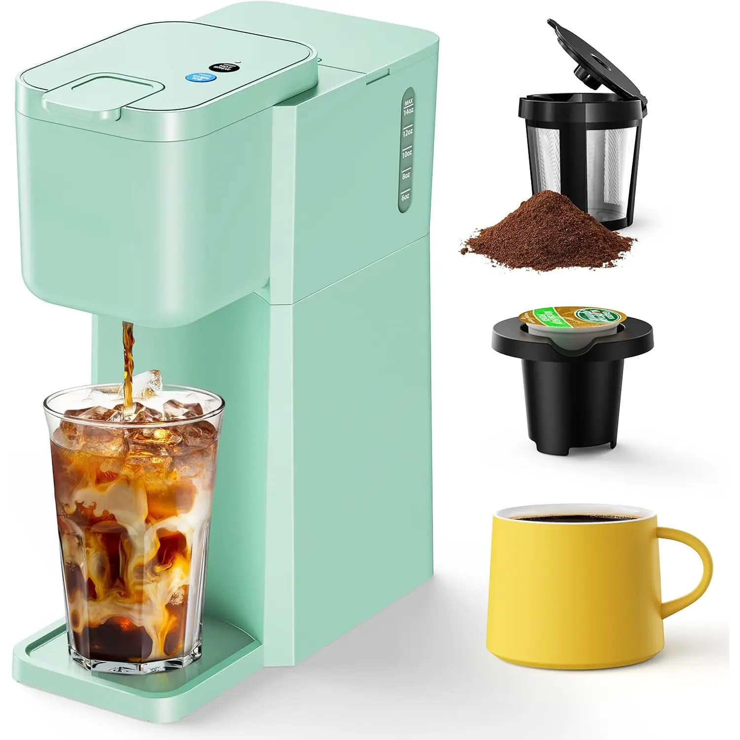Mini Hot and Iced Coffee Maker Single Serve, for K Cup and Ground, 6 to 14 Oz Brew Sizes, with Recipe Book, for Home, Travel, RV, Office and Dorm, Mint