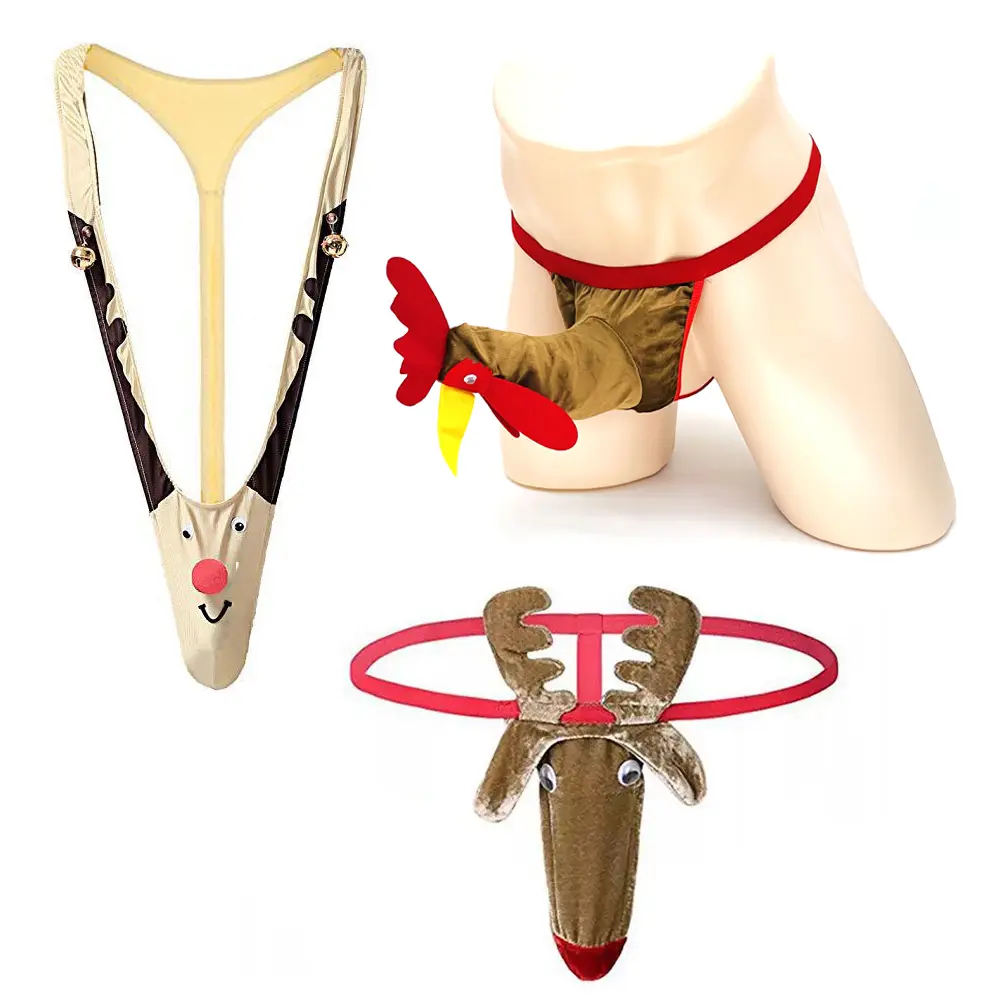 Men's Erotic Rooster Face Mankini Underwear, Sexy Thong G-String with Bells & Elephant Design, Christmas Lingerie Gift for Menswear Enthusiasts, Breathable, Briefs, Romantic Male Intimate Gifts, 3D Shaped Men's G String, Fun Theme, Animal Prints