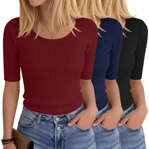 Pack Women's Half Sleeve Tops Scoop Neck Cotton Ribbed Tshirts Slim Fitted Round Basic Tees Casual Summer Clothes
