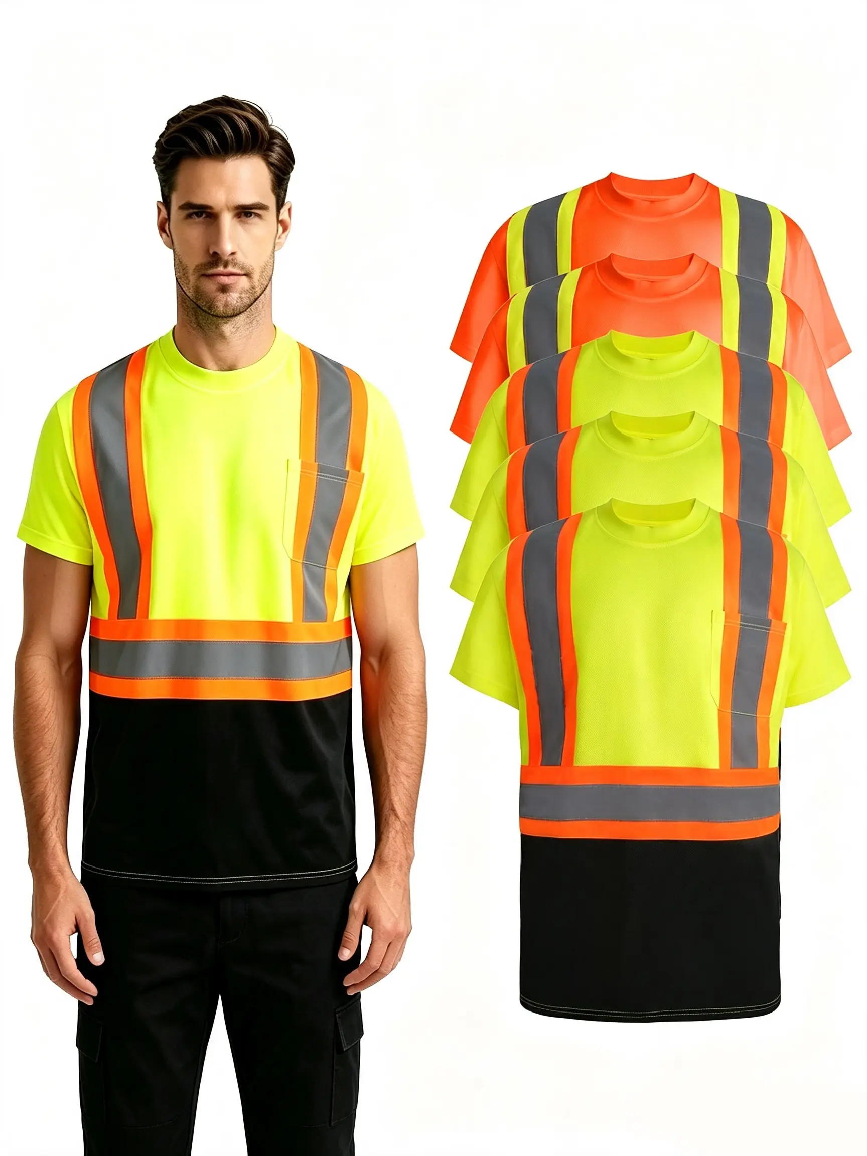 Men's High Visibilitys Safety Shirts Reflective Strips Construction Work Shirt Breathable Quick Dry Workwear