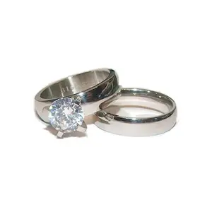 Women's 2 Piece Traditional Style Solitaire Wedding Ring Set Stainless Steel