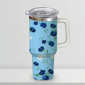 30 oz Blueberry Garden Insulated Tumbler, Sky Blue Travel Mug with Vintage Fruit & Floral Print, Comfort Handle & Straw, Cottagecore Aesthetic Water Bottle, Perfect Summer Gift, 48H Iced