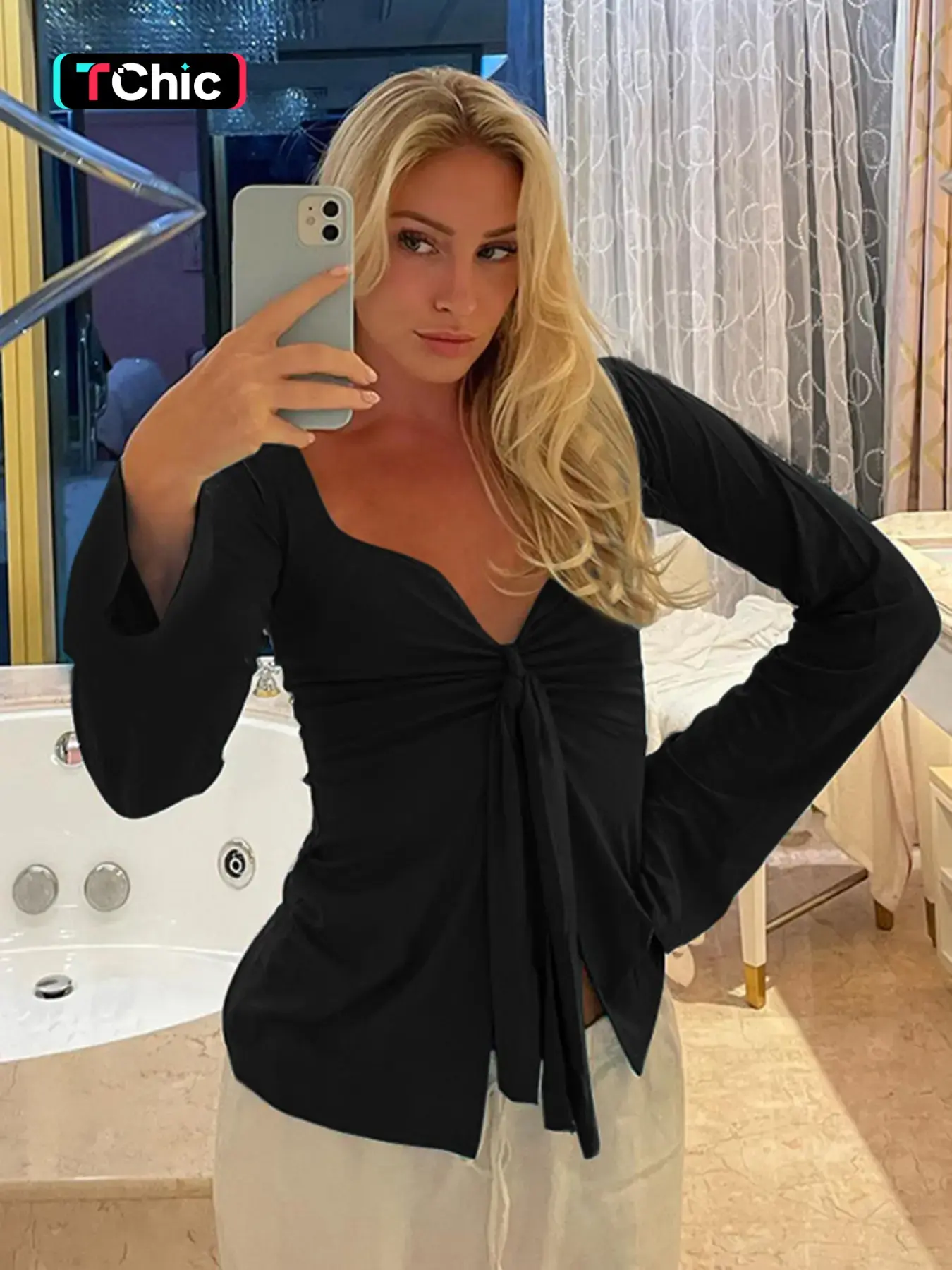 Women's Solid Knot Front Split Hem Tee, Casual Chic Basic Feminine Long Sleeve Sweetheart Neck T-Shirt for Fall, Women's Clothing for Daily Wear Top