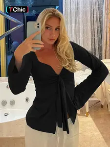 Women's Solid Knot Front Split Hem Tee, Casual Long Sleeve Sweetheart Neck T-Shirt for Fall, Women's Clothing for Daily Wear