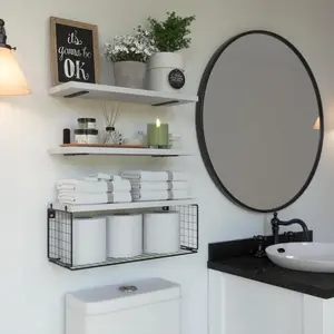 Premium Live-Edge Elm Wood Floating Shelves with Refined Edging--Crafted from rustic solid elm wood, these heavy-duty floating shelves feature invisible brackets for a seamless display