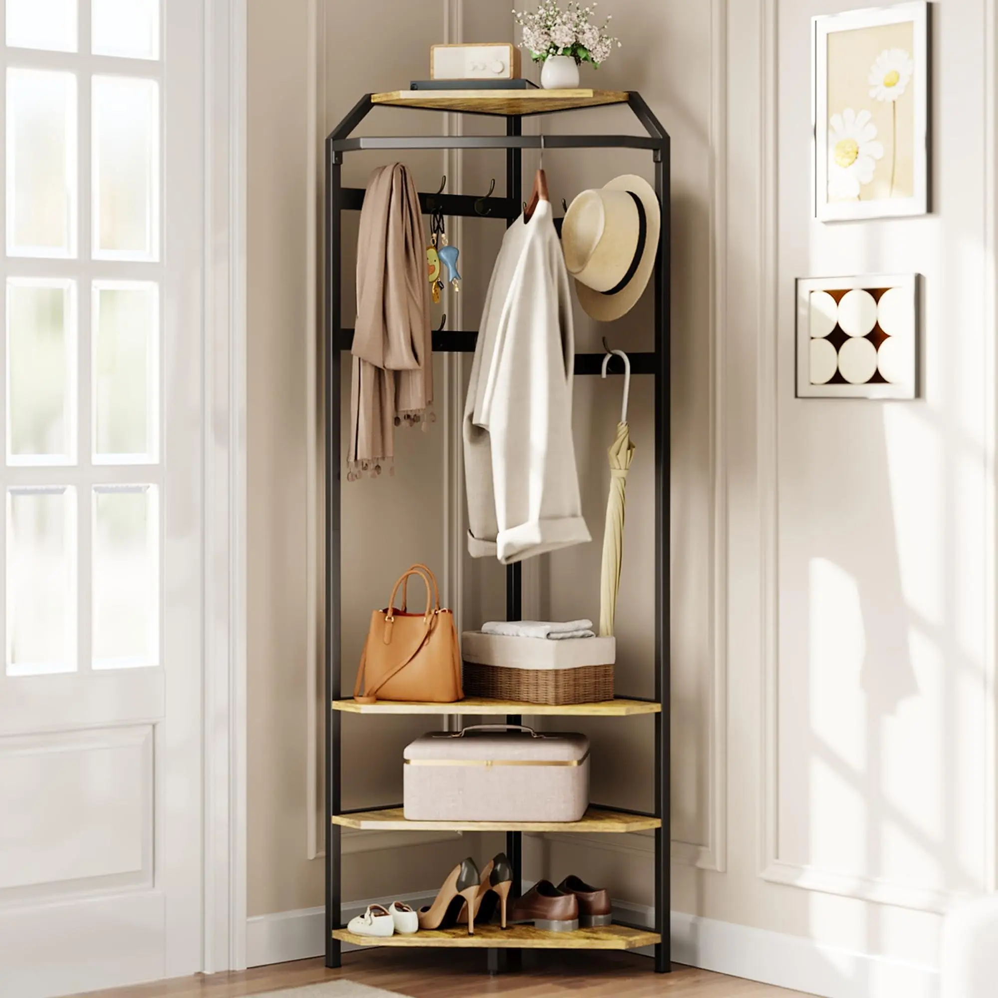 Corner Coat Rack, Freestanding Hall Tree with Shoe Bench, Entryway Coat Rack with 3-Tier Storage Shelves and 12 Hooks, Heavy Duty Modern Entryway Clothes Stand for Home, Bedroom, Living Room, Brown