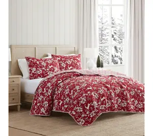 Martha Stewart Dancing Deer Red Reversible Queen Quilt Set