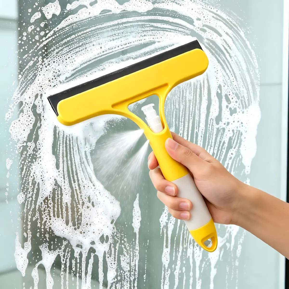 3-in-1 Rotating Silicone Handle Squeegee - Multipurpose Cleaning Tool with Built-in Spray, Streak-Free Lint-Free Window Mirror Scrubber for Home Care Supplies (White & Yellow), Silicone Squeegee, Handle Squeegees