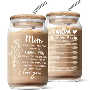16oz Reusable Round Ice Coffee Tumbler Glass Cup with Natural Bamboo Lid - Straws Included, Kitchenware Drinkware, Mother's Day Gift for Women, Mom Birthday Gifts, Tumbler Glasses