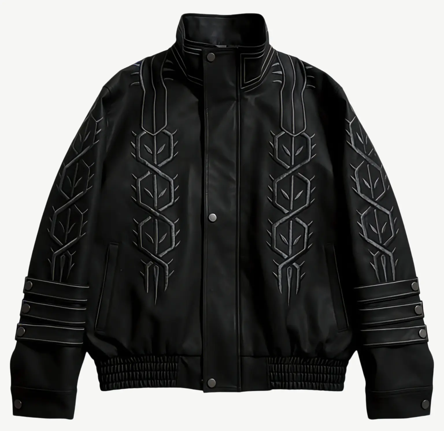 Men's Obsidian Devil Hunter Artificial Leather Bowling Jacket-Coats, Fitted Cut, Long Sleeve, Medium-Length, Casual All-Season Stylish Menswear Top