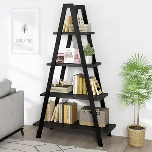 Recaceik 4-Tier Bookshelf, A-Shaped Bookcase Industrial Ladder Shelf Open Display Shelves with Metal Frame, Freestanding Plant Stand Storage Organizer