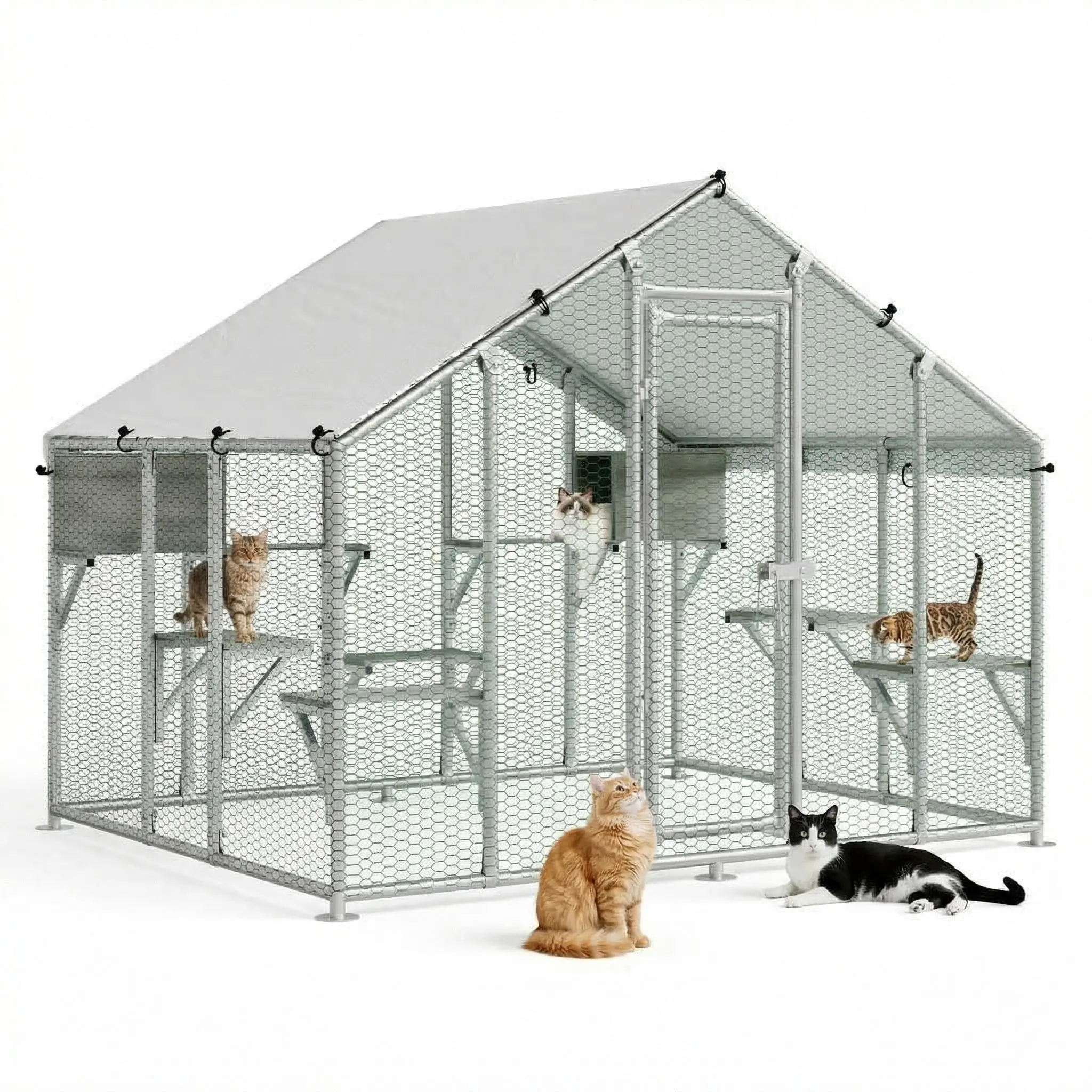Garvee 94.5" Large Catio Outdoor Cat Enclosure with 7 Platforms & 2 Condos, Waterproof UV-Resistant Roof, Outdoor Walk-in Galvanized Steel Cat Patio House for Multiple Cats 76.7''H