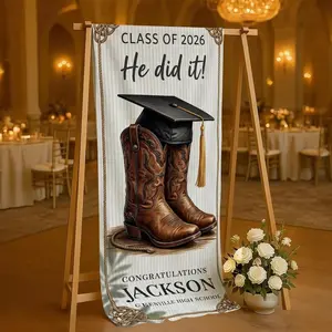 Personalized Linen Tapestry: Graduation Photo Backdrop Western Cowboy Boot Decor Banner