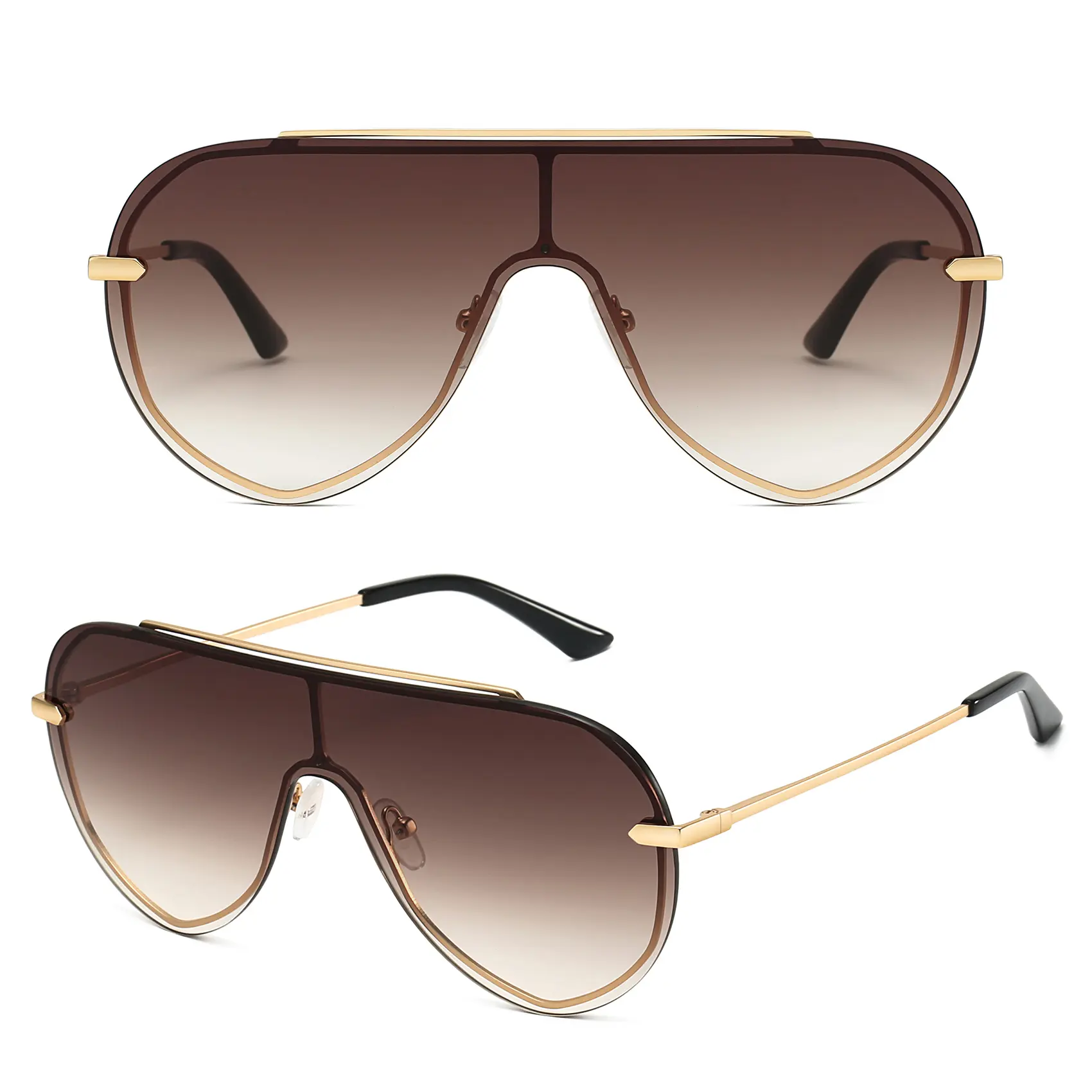 GMKATEYE Women's Y2K Futuristic Oversized Rimless Shield Aviator Sunglasses - Thin Gold Alloy Frame, Gradient Brown Anti-Glare UV400 1-Piece Lens, Fashion Eyewear for Driving, Beach, Daily Summer Outfits