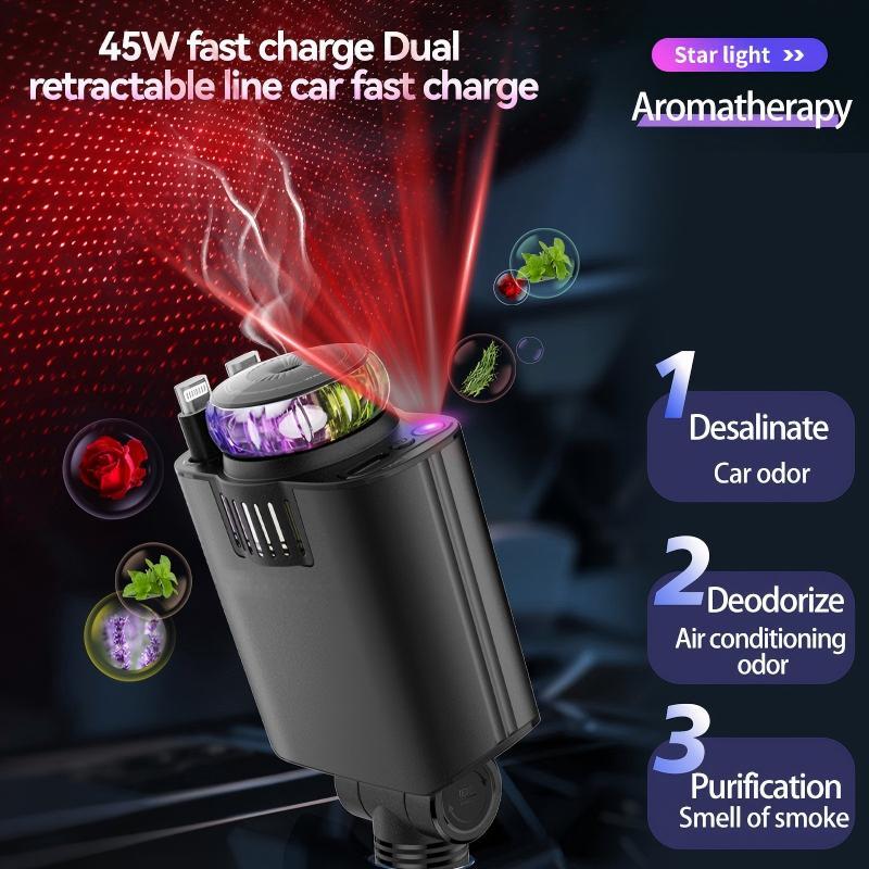 Starlight Retractable Car Charger with Aromatherapy, 5 in 1 Fast Charging 45W Car Phone Charger Adapter, USB C Car Accessories Compatible with iPhone 16/15/14/13/12/11 and Android detail 1