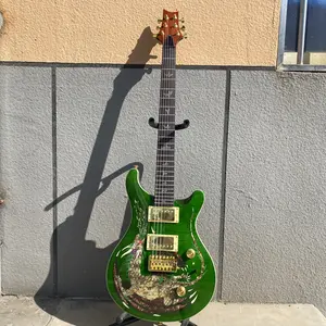 Green electric guitar with mahogany body, gold hardware, HH pickups, 24 frets, rosewood fingerboard, 6 strings