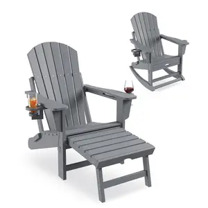 Rocking Adirondack Chairs, Folding Adirondack Rocking Chair With Footrest, Adirondack RockingChair Outdoor With Retractable Ottoman and Cup Holder