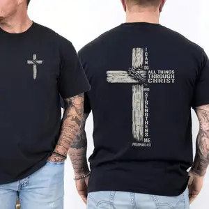 Double Sided Faith Quote Washed T-Shirt – Philippians 4:13 Christian Cross Graphic Tee,cotton graphic tees Casual Crewneck