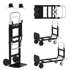 3 in 1 Heavy Duty Folding Hand Truck, Convertible Steel Dolly with Telescopic Handle, Portable Utility Cart with Rubber Wheels, 500 LBS Capacity Foldable Travel Trolley with Adjustable Strap for Moving & Storage