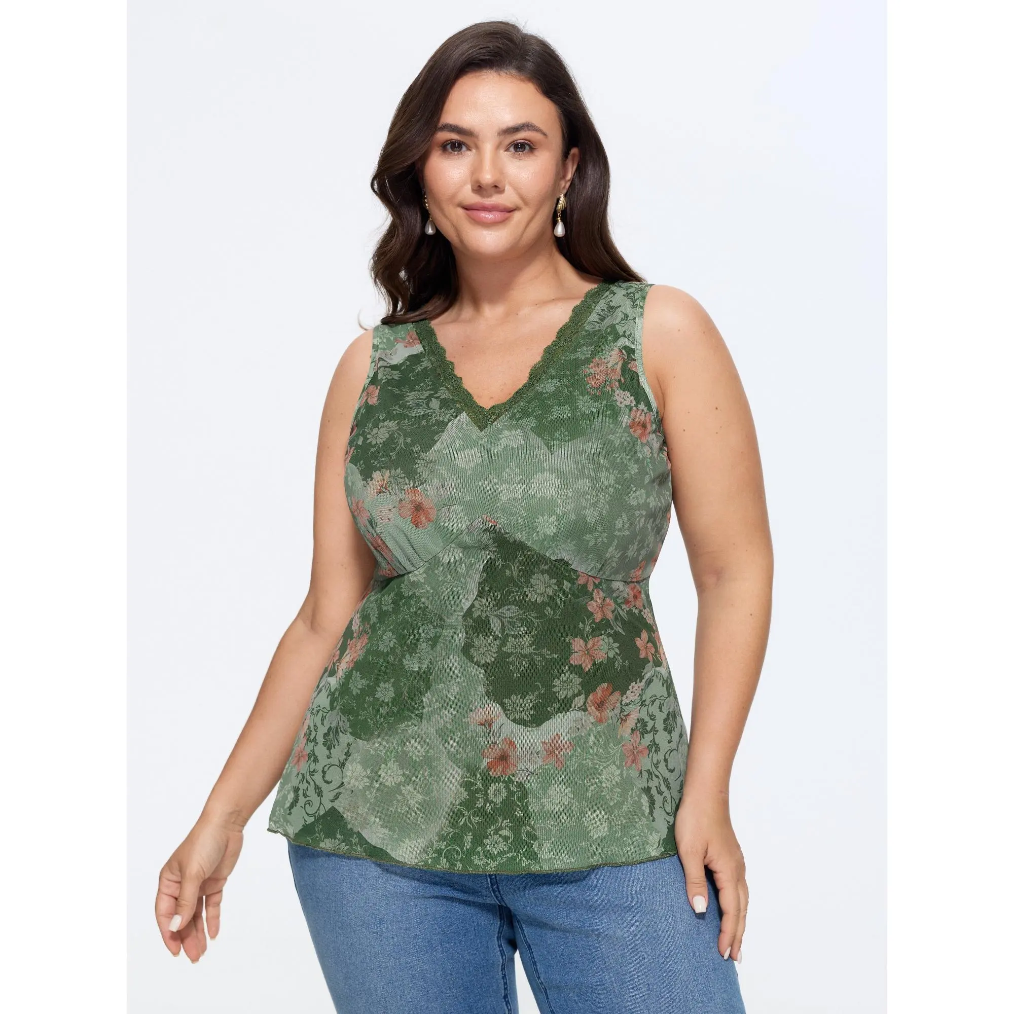 BloomChic Women's Plus Size Lady Sleeveless Tank Top Clothes - Watercolor Floral Print, Romantic Lace V-Neck, Regular Fit, Polyester Spandex Fabric
