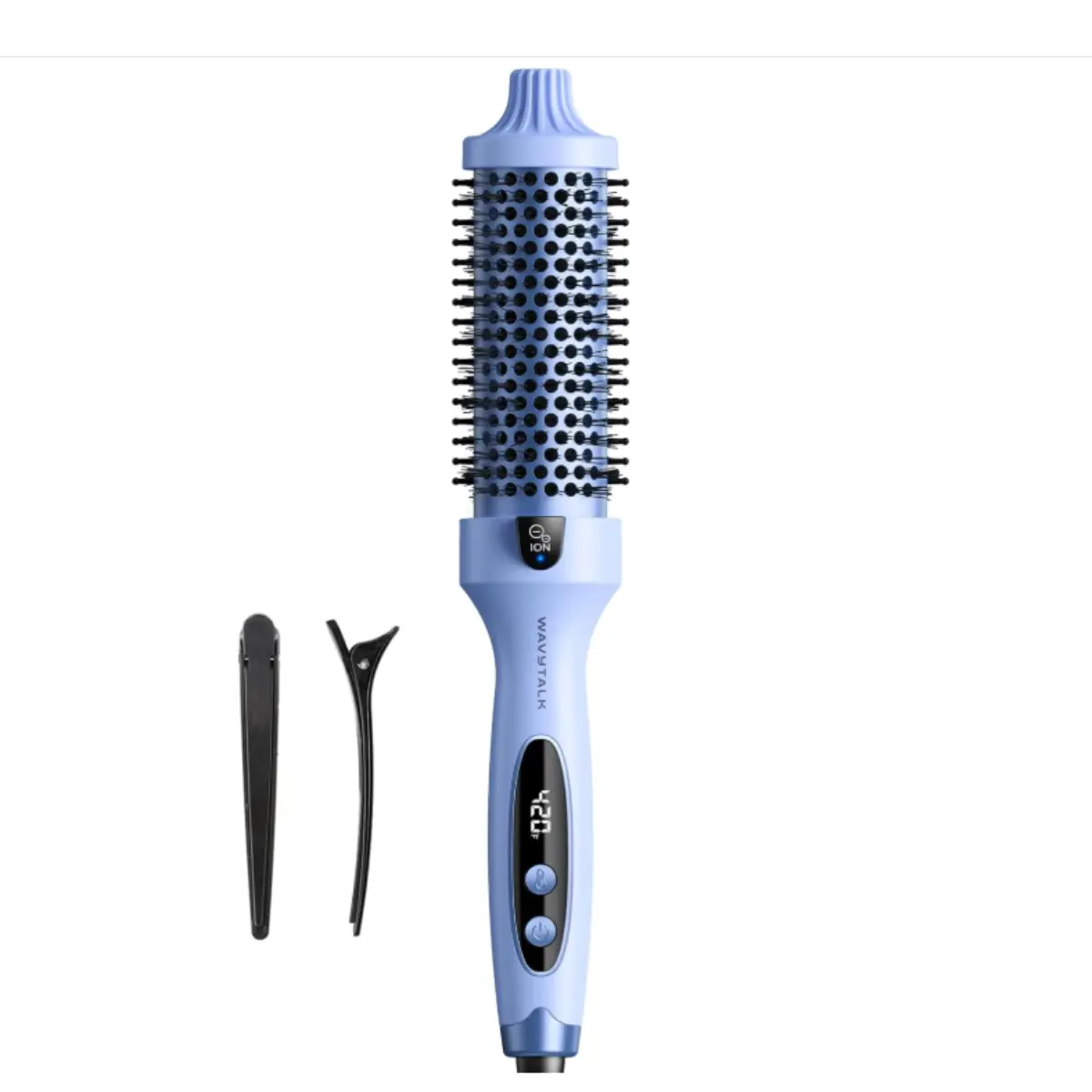 Wavytalk Thermal Brush Blowout Boost 1.5″ Heat Round Brush for Blowout Look | Negative Ion Technology, Tourmaline Ceramic, 5 Temperature Settings Dual Voltage, Less Damage, Blue