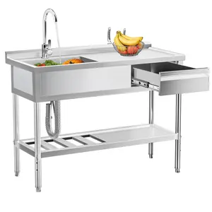 Stainless Steel Utility Sink with Cold and Hot Water Pipes, Free Standing Single Bowl Commercial Kitchen Sink W/Workbench & Storage Shelf, Faucet For Laundry Room, Farmhouse, Indoor/Outdoor