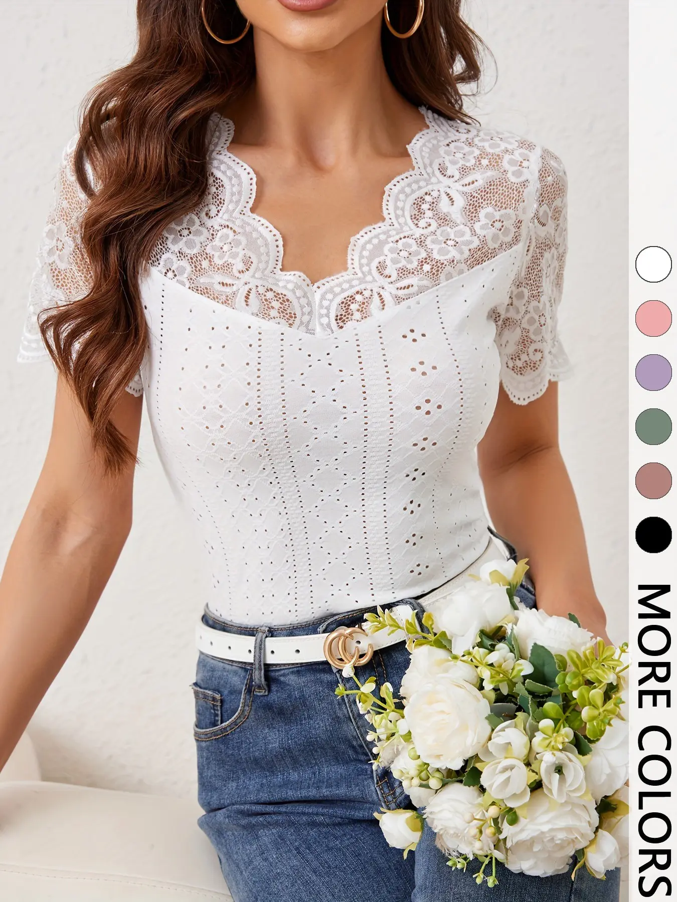 French Lace Short Sleeve V-Neck Hollow Out Slim Fit Top, Womenswear, Elegant Chic Versatile Everyday Top for Commute and Dating, White