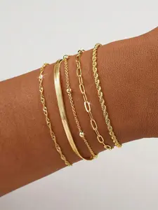 5pcs/Set Elegant Stackable Gold Tone Bracelets, Suitable For Women's Daily Wear (Random Bead Quantity, Fixed Length) Fashionable Bangles Multilayered Bangles