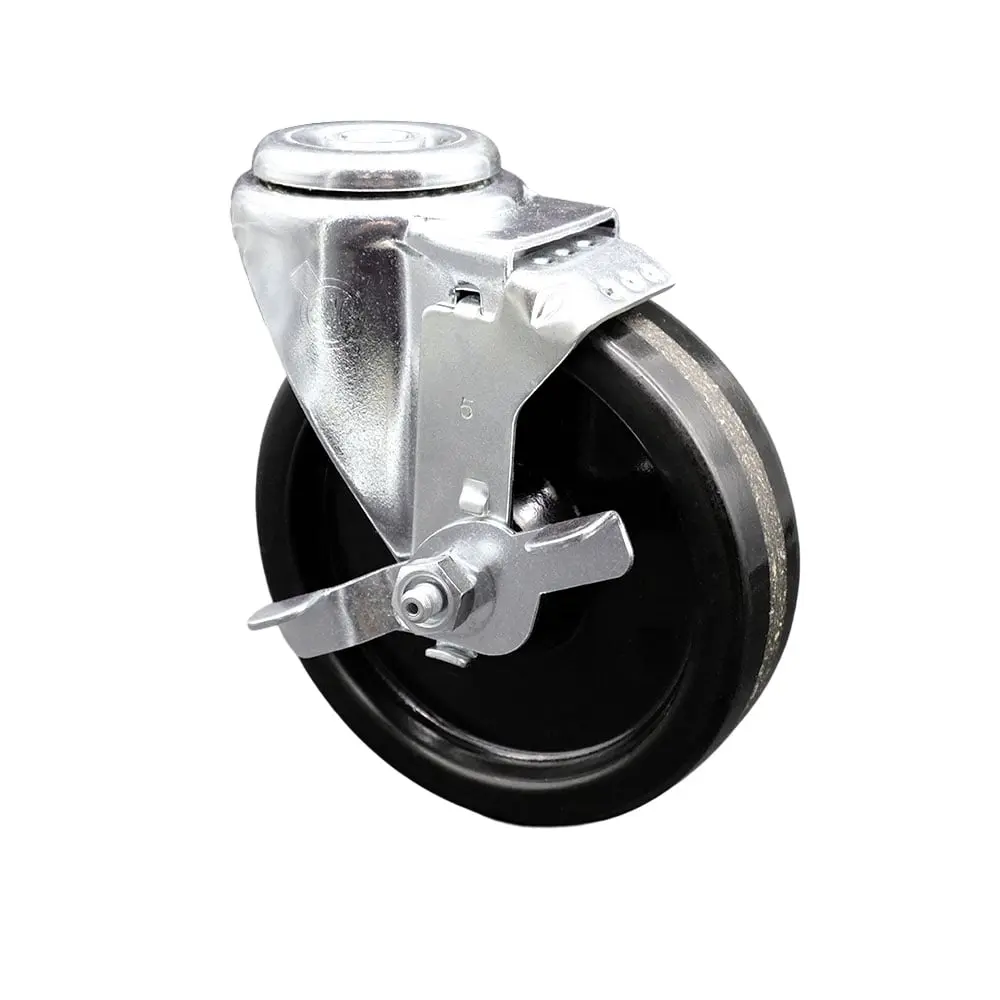 Service Caster SCC-BH20S514-PHS-TLB Roller Stopper Castors - Phenolic Swivel Bolt Hole Castors with 5x1.25 in. Black Wheels, Top Locking Brake, 300 lbs Capacity, Ball Bearing Design, High Resistance to Impact, for Commercial Carts & Equipment, 5 X 1.25 In
