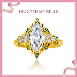 Delzzad 14K Gold-Plated 2.2ct Vintage Marquise Cut Leaf Cluster Engagement Ring Band VVS Synthetic Moissanite Ring Jewelry S925 Dainty Ring Band Flower Wedding Ring Perfect Birthday Engagement Wedding Anniversary Christmas Gift