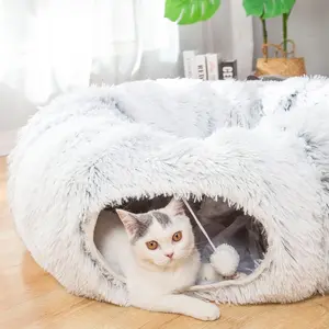 Warm Fluffy Plush Cat Dog Tunnel Bed with Washable Cushion-Big Tube Playground Toys 3 FT Diameter Longer Crinkle Collapsible 3 Way, for Indoor Cat Kitty Kitten Puppy Rabbit Ferret White