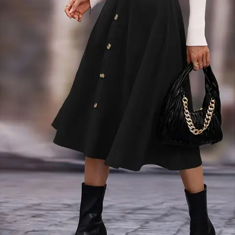 Women's Plain Button Stretchy Flared Skirt, Elegant Fashion Casual Midi Solid Skirt for Daily Outdoor Wear, Ladies Bottoms for All Seasons, Fitted Flared Skirts