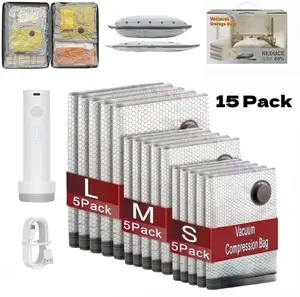 15 PCS Vacuum Seal Bags Cordless Travel Vacuum Bag Set Compression Space Saver with Electric Air Pump and Hand Pump For Travel, Home Storage, Clothing, Luggage Suitcase Bedding and Moving Organization Home Essential compression packing bag