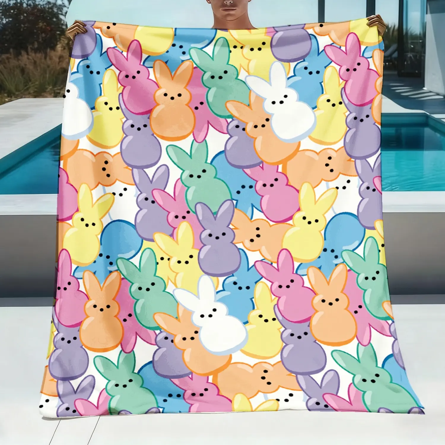 Easter Rabbit Marshmallow Flannel Throw Blanket - Bohemian Style, High-Definition Pastel Bunny Print, Soft Warm Lightweight Polyester All-Season Throw, Machine Washable Home Decor Gift for Sofa Bedroom, Throw Blankets