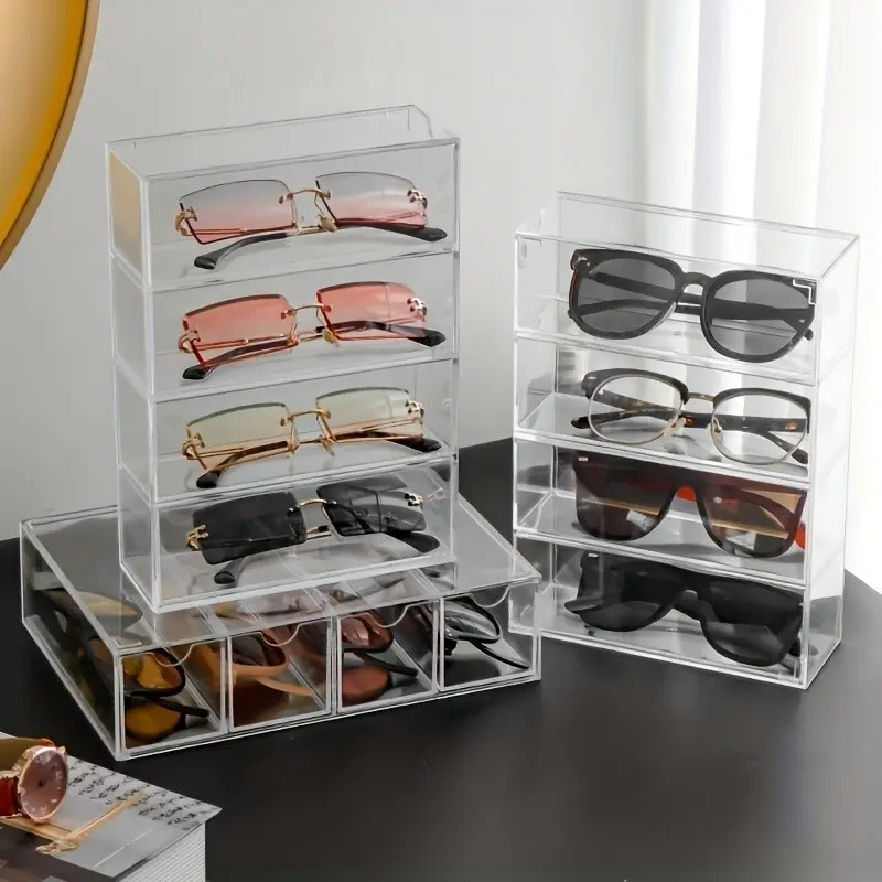 Clear Acrylic Sunglasses Storage Organizer Box, 4 Layer Stackable Display Case, Organize Glasses Efficiently, Perfect for Home, Bedroom & Living Room