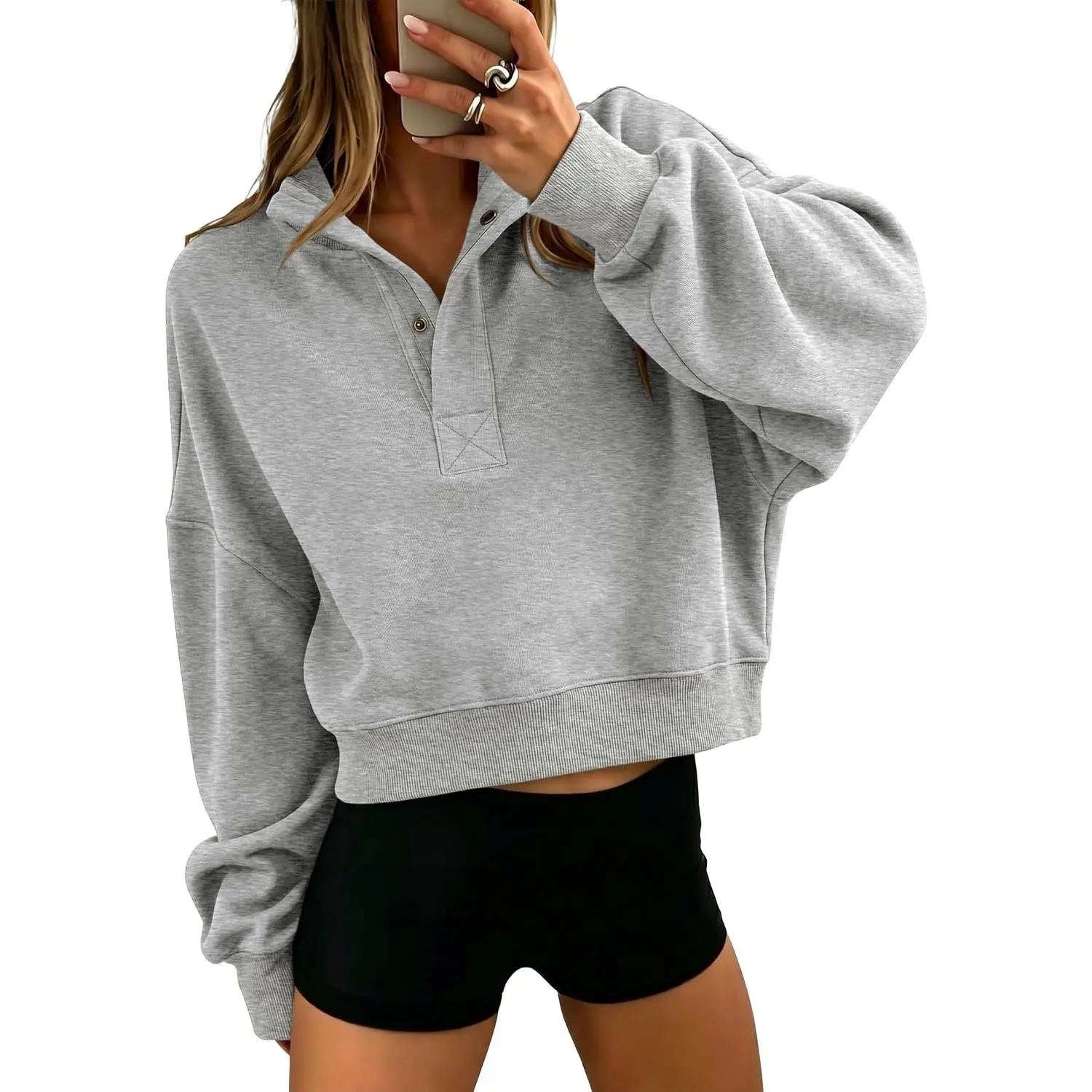 ANRABESS Women's Oversized Long Sleeve Cropped Sweatshirts | Henley Button Front Sweat Shirts, Cozy Comfy Pullover Tops, Relaxed Fit, Casual Daily Outfit, Fall Winter Fashion Wear