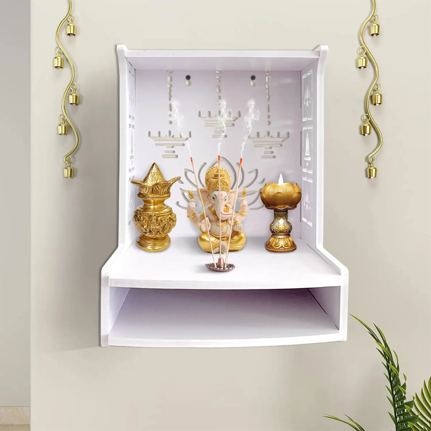Modern PVC Wall-Mounted Temple, Pooja Mandir & Storage Rack, Wall Mountable, Wall Mounted Organizer, 12.6 Inch High, Indian DIY Home Decor for Home Office Use, Wall Shelf Unit