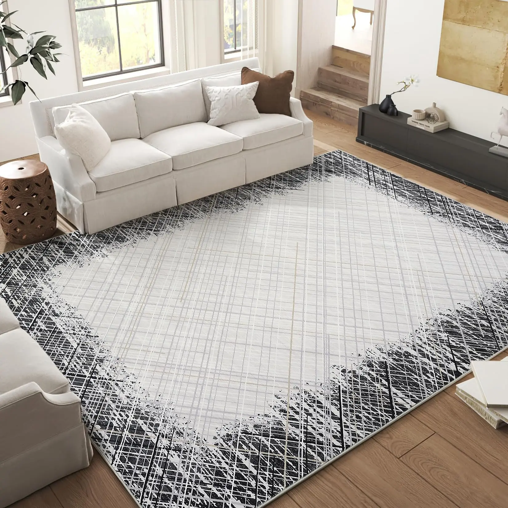 Area Rug 5x7 Machine Washable Rug Modern Bordered Carpet Rug Stain Resistant Non-Slip Accent Rug Minimalist Border Table Rug Farmhouse Floor Cover for Dining Office Bedroom, Grey