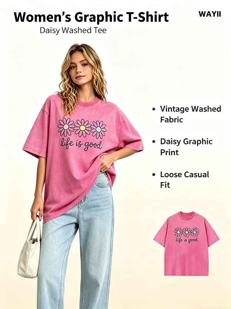Women's Short-Sleeve Acid Wash Cotton T-Shirt - Daisy Graphic Print, Round Neck, Drop Shoulder, Baggy Unisex Fit, Comfortable Casual Vintage Streetwear Top
