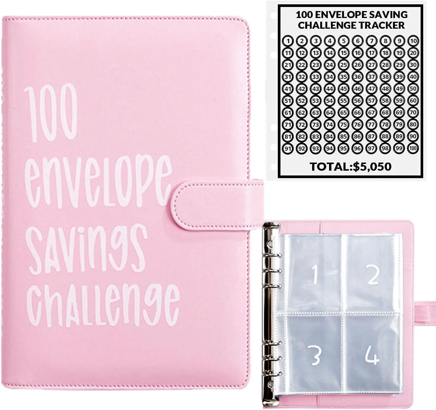 100 Envelopes Money Saving Challenge - A5 Money Saver Budget Binder Book with Cash Envelopes and Numbers, 100-Days of Easy and Funny Ways to Save $5,050 Cash Envelope Challenge Binder, Pink
