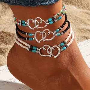 Women's Anklets, 3-Pcs Boho Chic Double Layer Beaded Anklet with Heart Charms, Handcrafted Beach-Friendly Sports & Outdoor Accessory, Anklets For Women