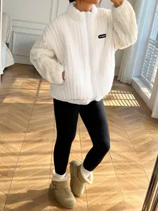 Women's Fashion Casual Basic Fitted Textured Fleece Long Sleeve Jacket Coats Womenswear, Soft Comfortable Letter Patch Zipper Fur Stand Collar, Winter Fall Daily Warm Outerwear