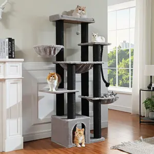 PAWZ Road 67-Inch Large Cat Tower Tree for Indoor Cats Adult with 7 Thick Black Scratching Posts (φ4.3), Multi-Level Condo, Big Perch & Hammocks -Black/Gray/Beige#DealsForYouDays
