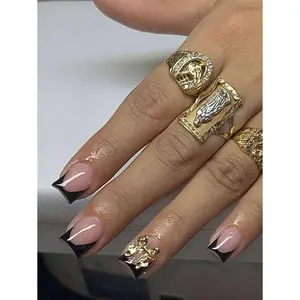 24pcs Short Square Nail Stickers, Black French Pointed Tip, Gold Bow Decor, Luxury Full Coverage, Suitable For Women/Girls Summer Nails, Charming Date, Office, Home Party Nail Art Supplies