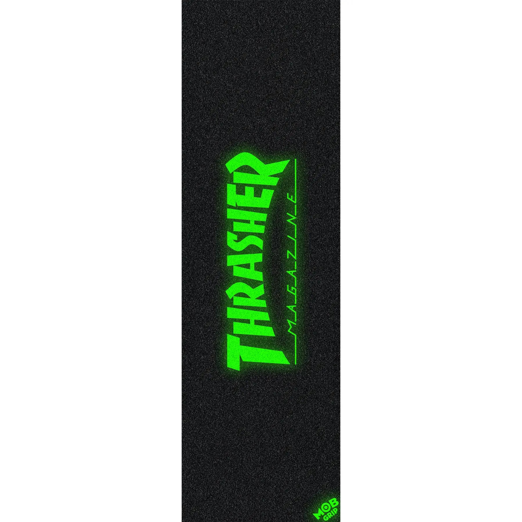 Skateboard Griptape Sheet, 9" x 33" Mob Grip with Glow in the Dark Thrasher Logo Artwork, Waterproof Silicon-Carbide, Bubble-Free Application